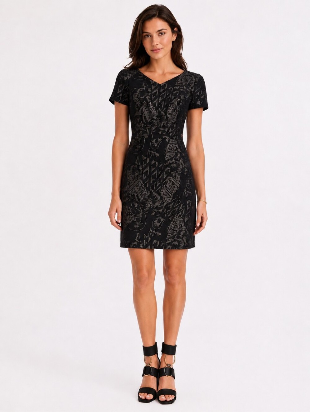 Escada Sport Black Pattern Short Sleeve Pencil Dress Size 34 US 4 NEW